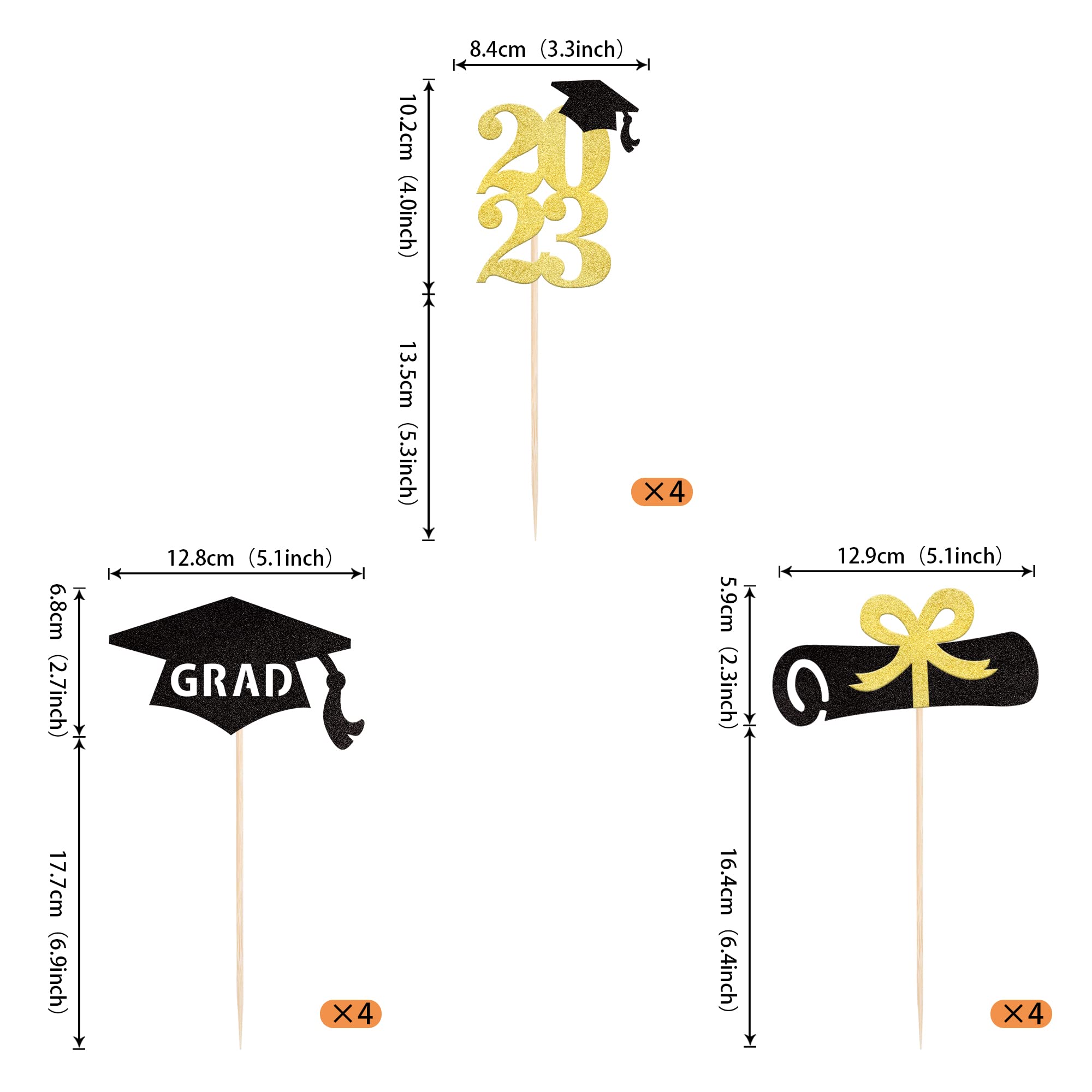 12 Pack 2023 Graduation Centerpiece Sticks Assembled Glitter Class of 2023 Cake Toppers Diploma Grad Cap Table Flower Centerpiece Sticks for 2023 Graduation Theme Party Supplies Gold