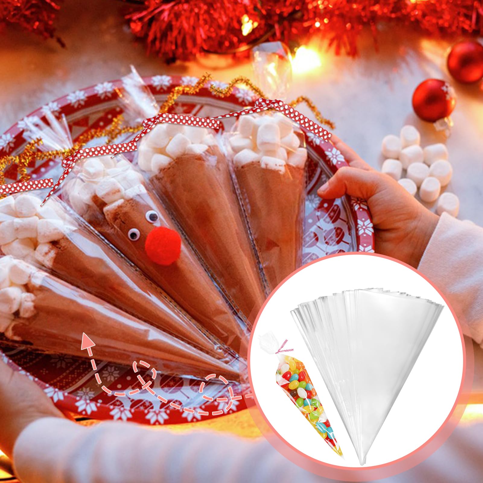 FINEASY Sacchetti Trasparenti per Caramelle con 100 Fascette,Bustine Trasparenti,Sacchetti Caramelle,Sacchetti Plastica Trasparente per Biscotti