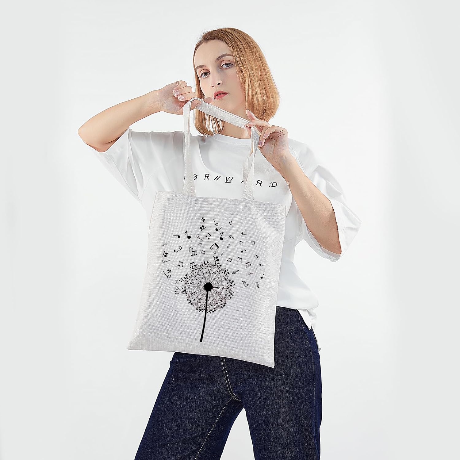 PWHAOO Music Notes Tote Bag Flower Music Tote Bag Music Teacher Tote Bag Music Lover Gift Dandelion Music Symbols Gift