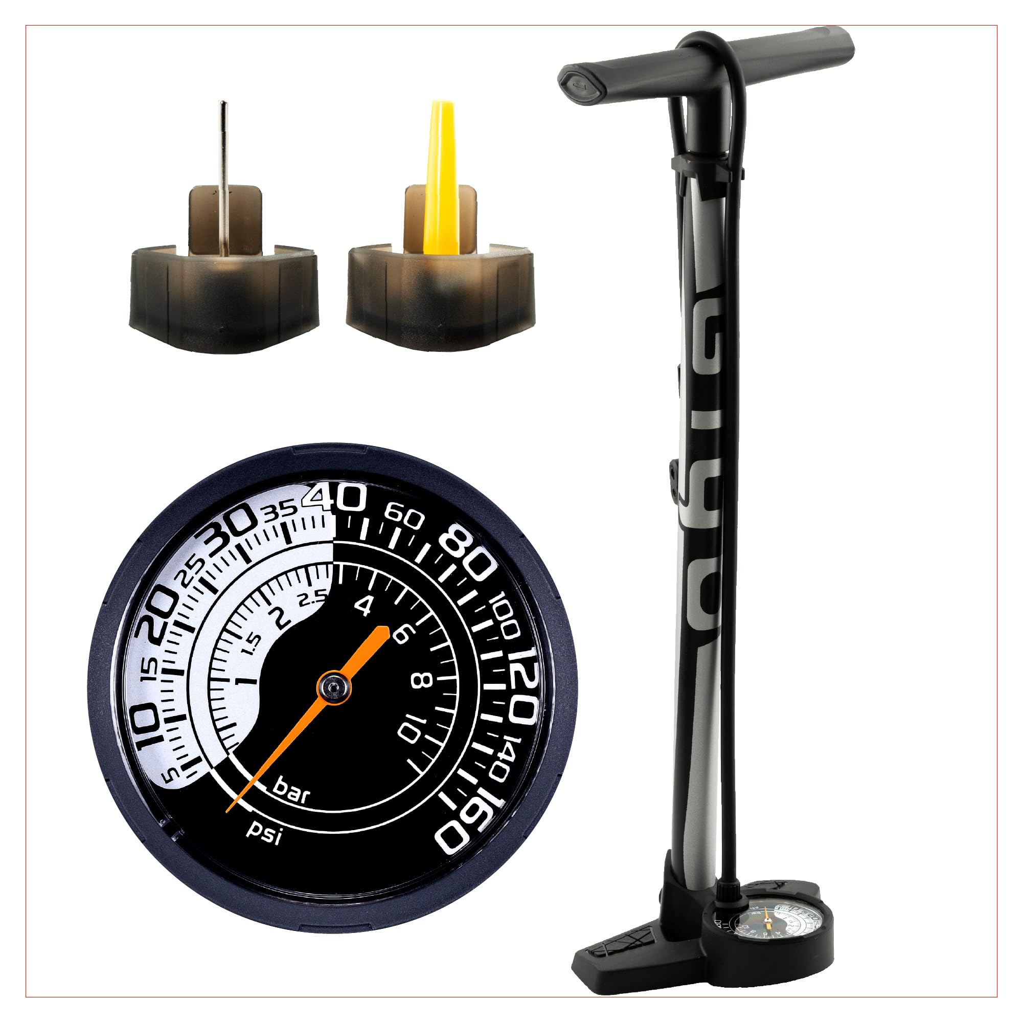 GIYO Fahrrad-Standpumpe GF27DH – Fahrradpumpe mit Präzisions-Manometer für niedrigen & hohen Reifendruck, Einhand-Ventilkopf für Presta, Autoventil/Schrader & Dunlop,Tubeless-kompatibel,11 bar/160 psi