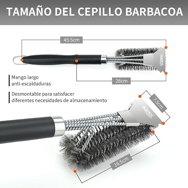 AUXHCYL Cepillo Barbacoa Inoxidable, 3-in-1 Cepillo para Parrilla con Raspador, 45.5cm Largo PP Aislamiento Térmico Mango Cepillo Barbacoa de Limpieza para Parrilla de Gas y Parrilla de Carbón - 2