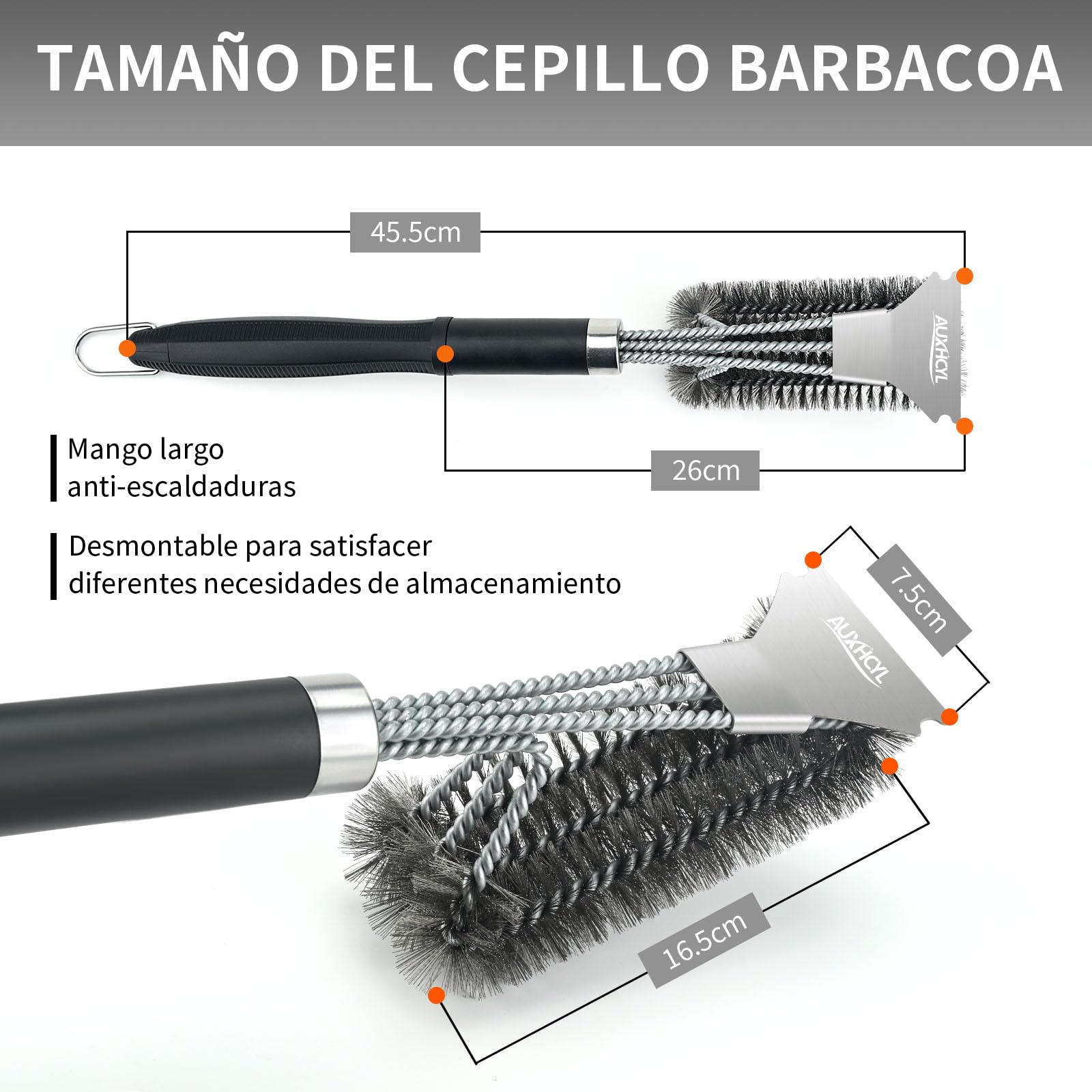 AUXHCYL Cepillo Barbacoa Inoxidable, 3-in-1 Cepillo para Parrilla con Raspador, 45.5cm Largo PP Aislamiento Térmico Mango Cepillo Barbacoa de Limpieza para Parrilla de Gas y Parrilla de Carbón