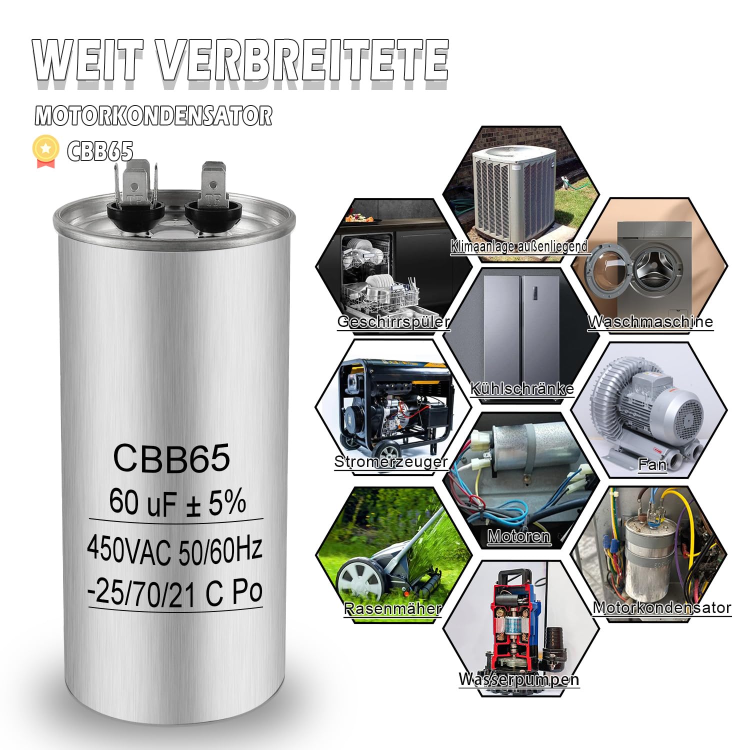 Iruihoo 60uF CBB65 Condensador de motor 450V CA 50/60Hz, 60µF arranque funcionamiento carcasa metálica