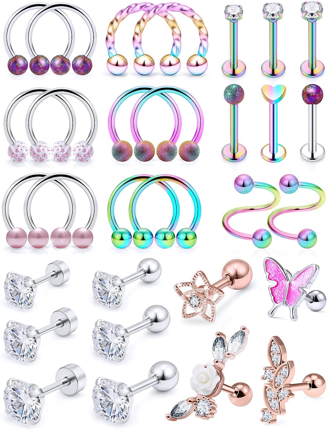 Yaalozei 30Pcs 16G Cartilage Earrings for Women Forwards Helix Earring Hoop Rook Daith Conch Tragus Earrings Stainless Steel Piercing Jewelry for Women Men