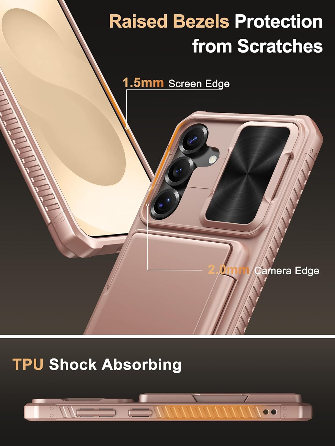 Vihibii for Samsung Galaxy S25+ Plus Case Wallet with Card Holder (4 Cards) [RFID Blocking] & Slide Camera Cover, Military Grade Drop Protection, Rugged Back & Silicone Edge Case, 6.7" 2025, Rose Gold - Image 5