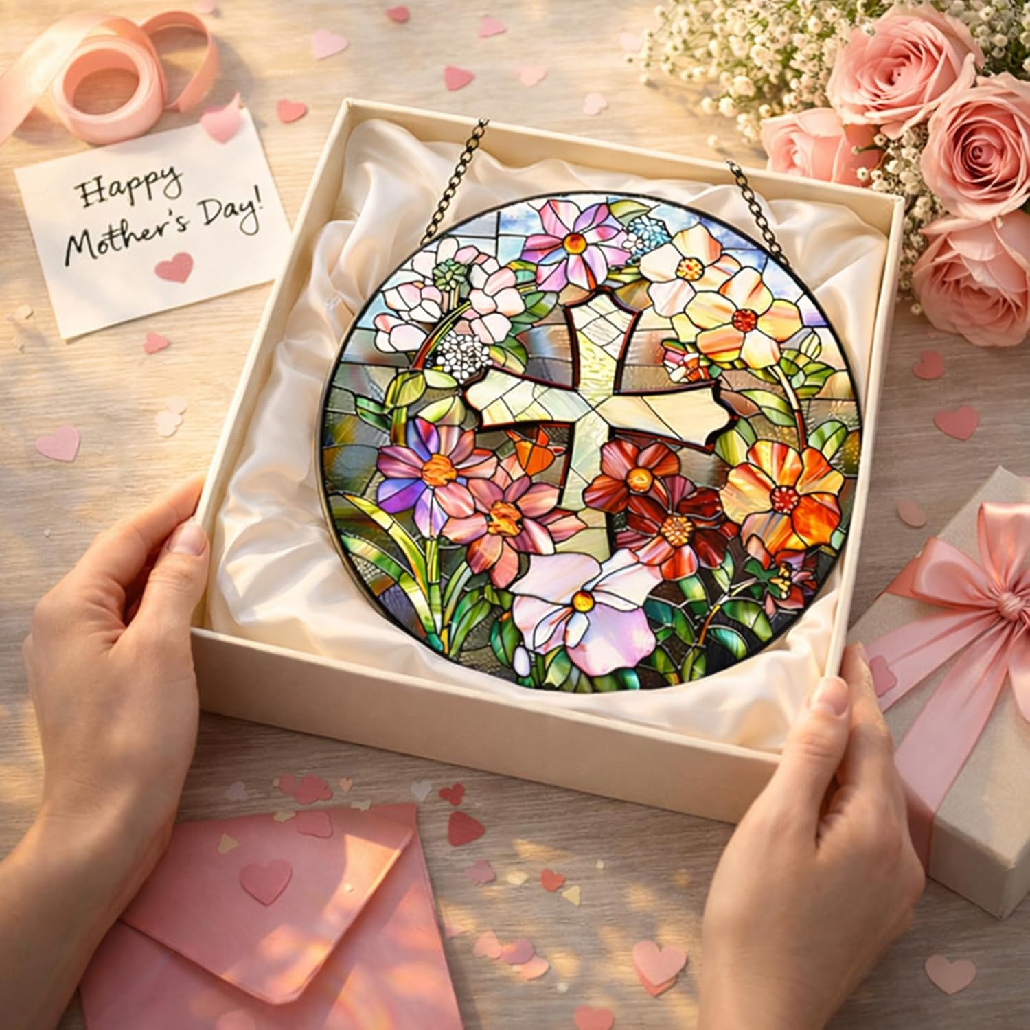 Round Floral Cross Stained Glass Window Hanging Colorful Flower Sun Catcher Decorative Hanging Panel for Home Window Living Room Faith Inspired Gift 9.8inch