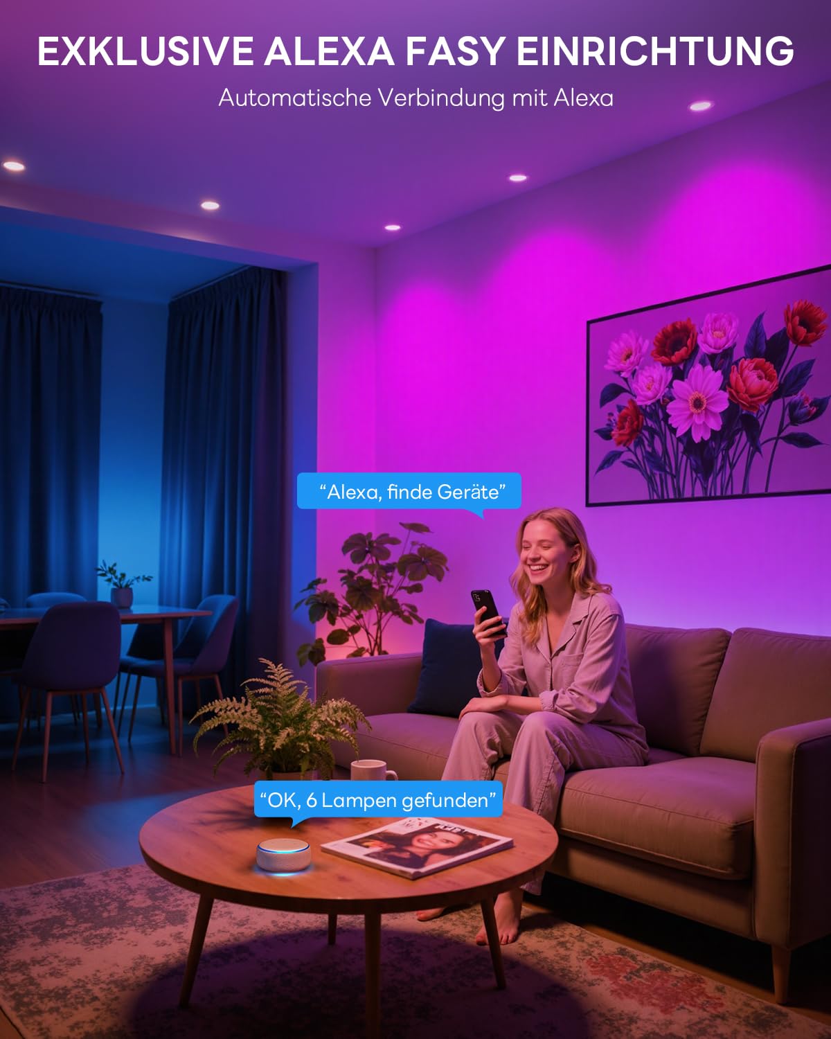 LED Einbaustrahler 230V RGB Alexa, Smart LED Spot Flach Bluetooth 7W 2700K-6000K, Einbaustrahler Dimmbar Farbig 6er Set, IP44 68mm Einbauleuchten APP Steuerung, Farben Spots Deckenspots