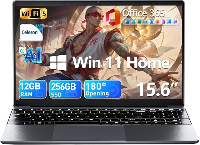 15.6'' AI Laptop with Office 365, 12GB RAM 256GB SSD | Win 11 Home Laptops Computer, IPS FHD, 180°Viewing, Quad-Core Processor, Type-C, Portable Thin Business Student Laptops
