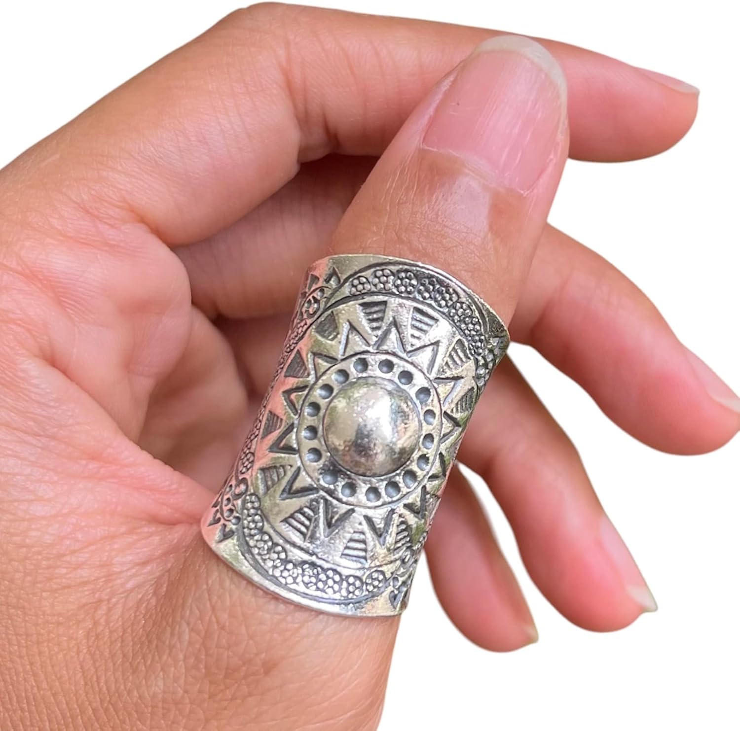 Sterling Silver Mandala Flower Boho Hippie Large Statement Ring, Ethnic Gypsy Wide Band Adjustable to US sizes 7-11, Solar Symbol, Also as Thumb ring, Gift for Her