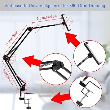 Tablet Stand Adjustable,Foldable Arm Stand for Bed,Aluminum Universal Flexible Tablet Holder with 360 Degree Rotation Compatible with iPad/iPhoneX/iPad Pro/N-Switch,or Other 4.5~12.9 Inches Devices