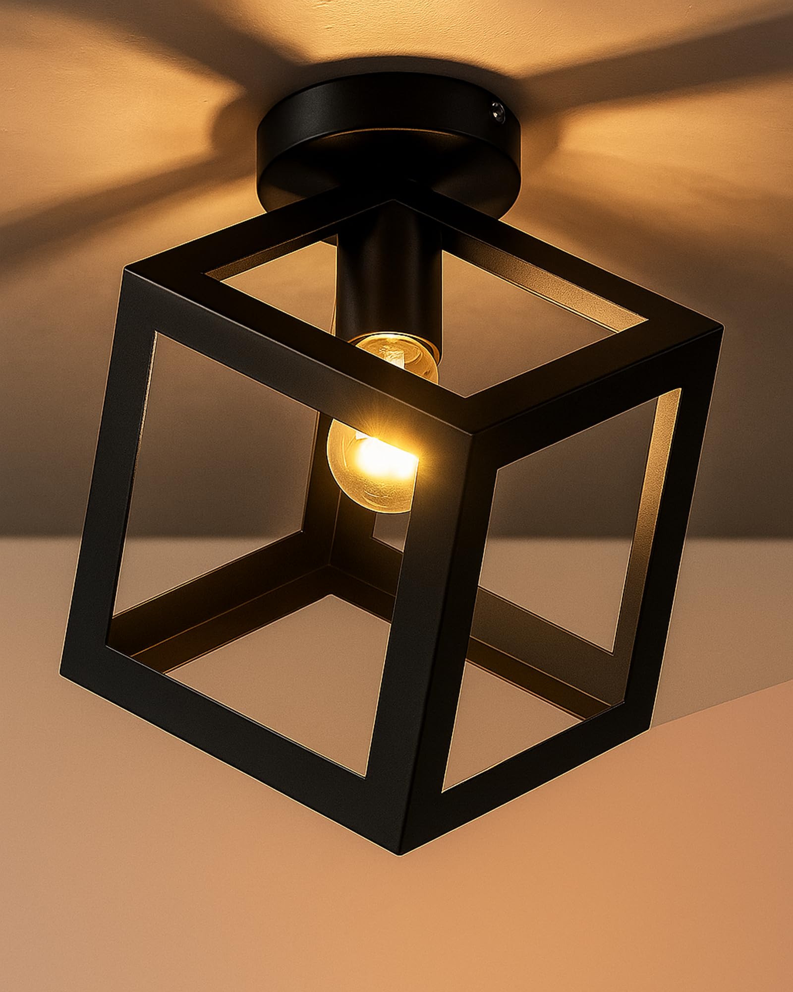 Homesake® Modern Cube Ceiling Light Fixture Metal Frame, Farmhouse Semi Flush Mount Ceiling Light Hallway Light Fixture Ceiling Hung, Black Cube-picture-39