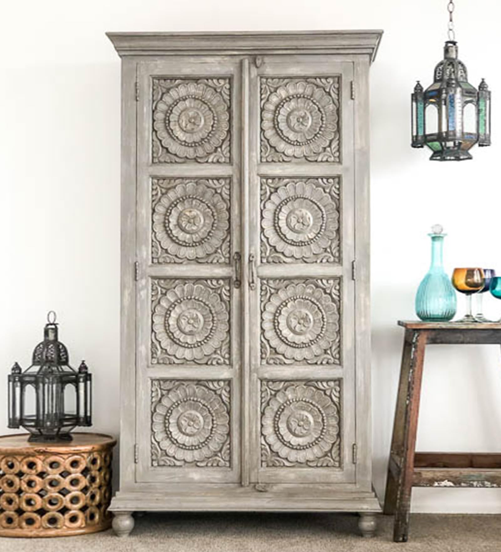 MYOON Antique White Traditional Indian Almira with Three Shelves | Handcrafted Solid Wood Cabinet with 3 Shelf | Vintage Storage Cupboard for Home, Hallway, or Bedroom Décor-image-4
