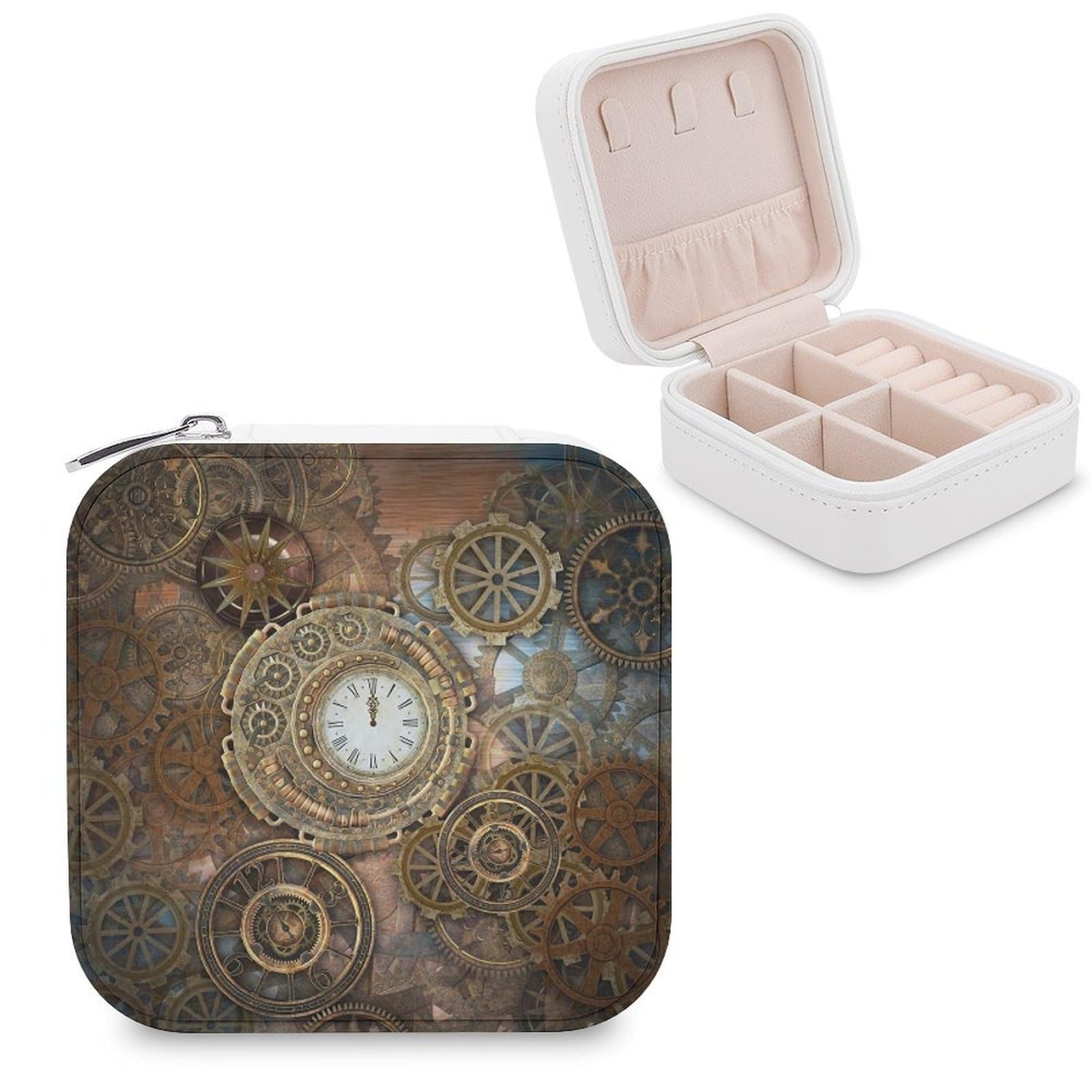Boîte à bijoux portable steampunk en cuir PU rustique et flanelle