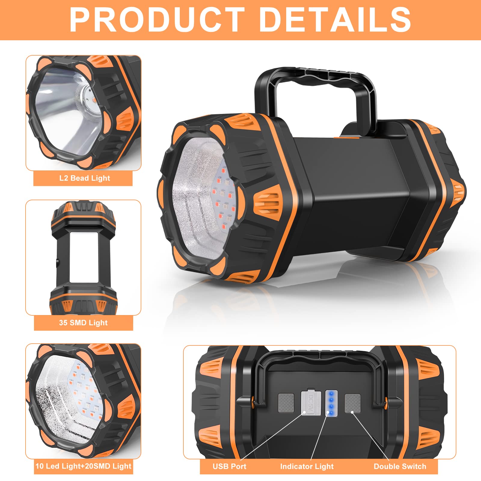 Camping Lantern Rechargeable, LED Camping Flashlight with 1200LM, 4800 Capacity Battery Powered, Portable Camping Light 12h Standby, 4+4 Modes for Emergency, Outdoor Hiking, Power Outages, Fishing