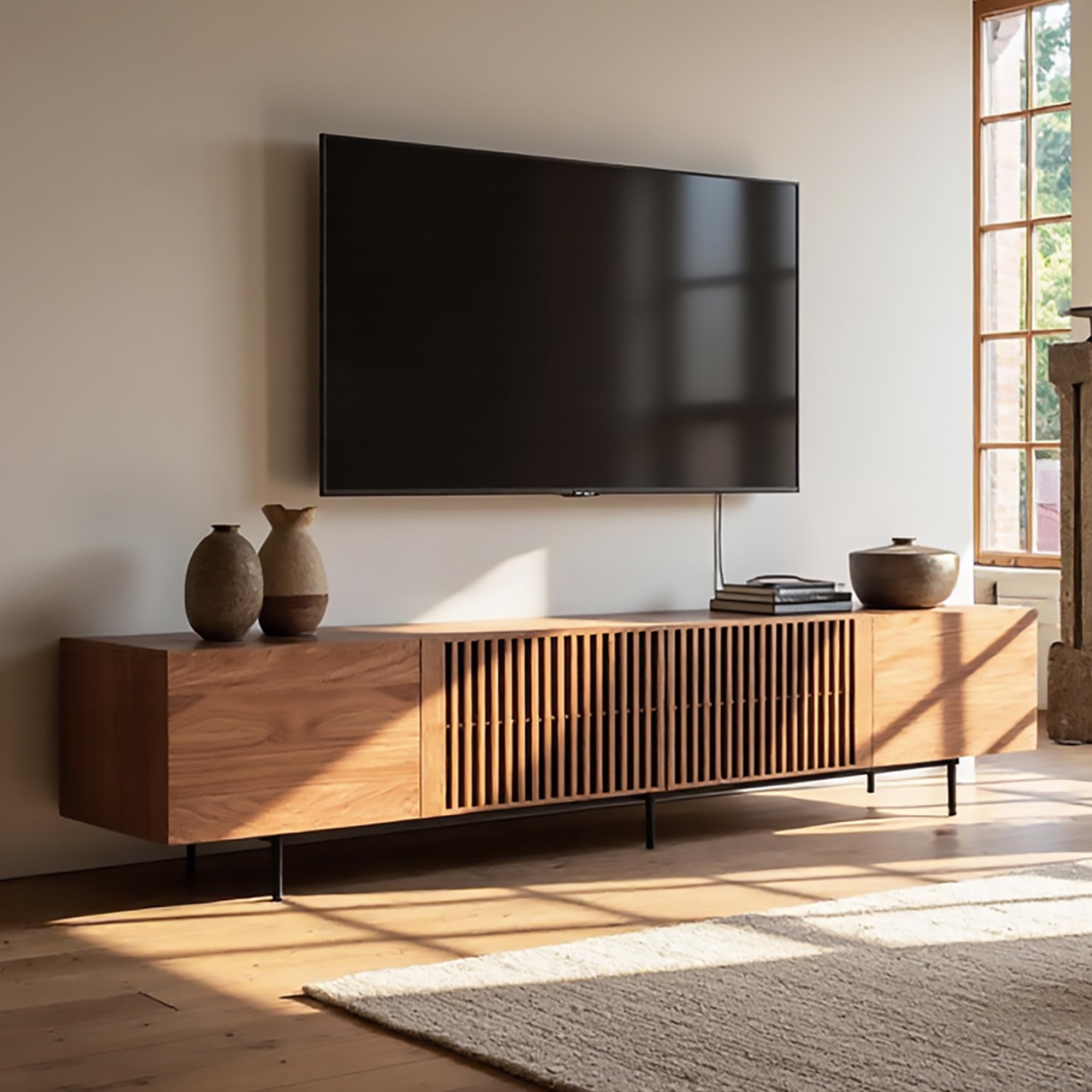 TV-Schrank 240 cm, TV Lowboard für 85 Zoll TVs, Walnuss | 240 cm Breite, Für Fernseher bis 85 Zoll, 6 Staufächer, Walnussoptik, Lamellentüren aus Eschenholz, Pflegeleichte Oberfläche