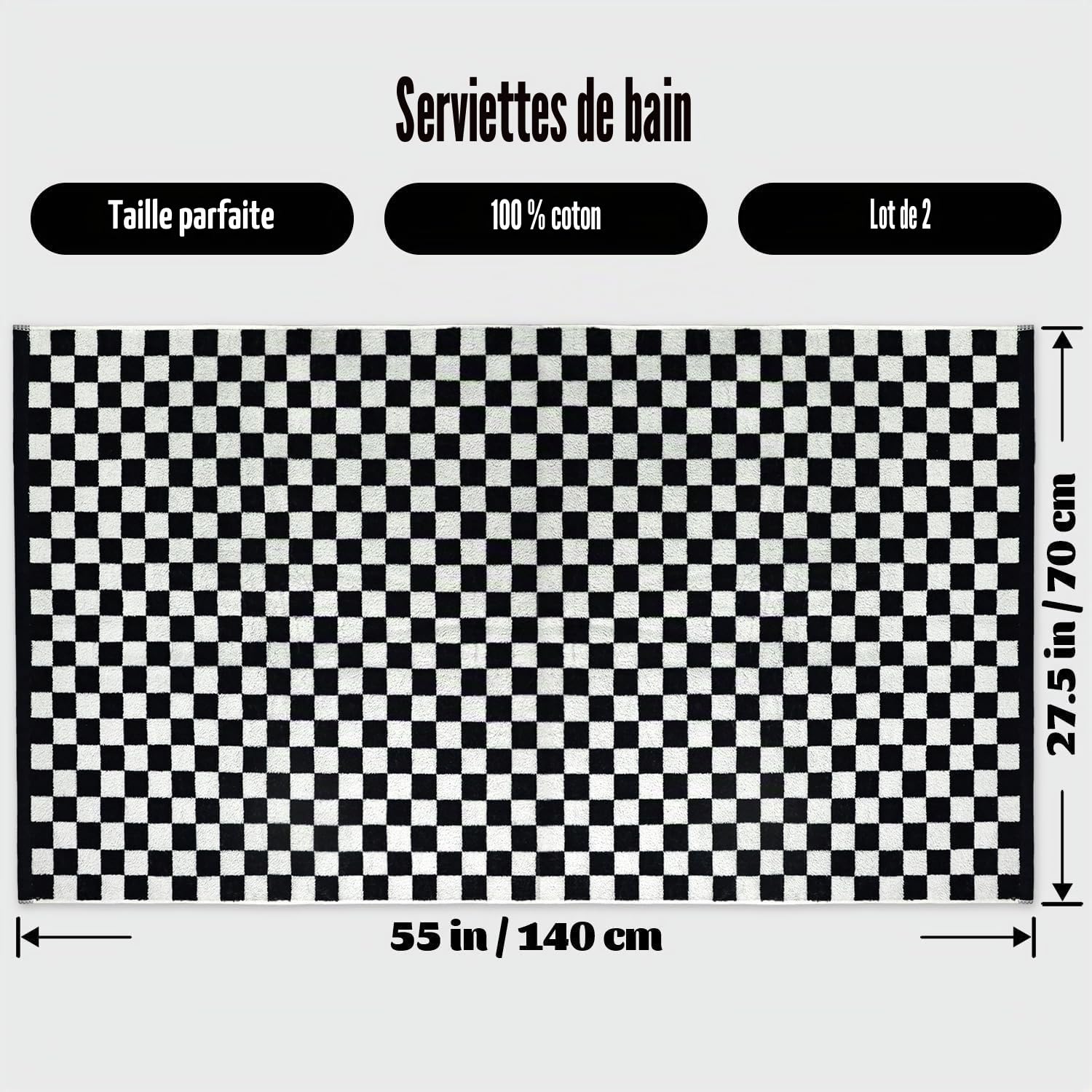 Jacquotha Lot de 2 serviettes de bain en coton à carreaux noirs et blancs, pour la salle de bain, la piscine, la plage ou le spa, 70 x 140 cm