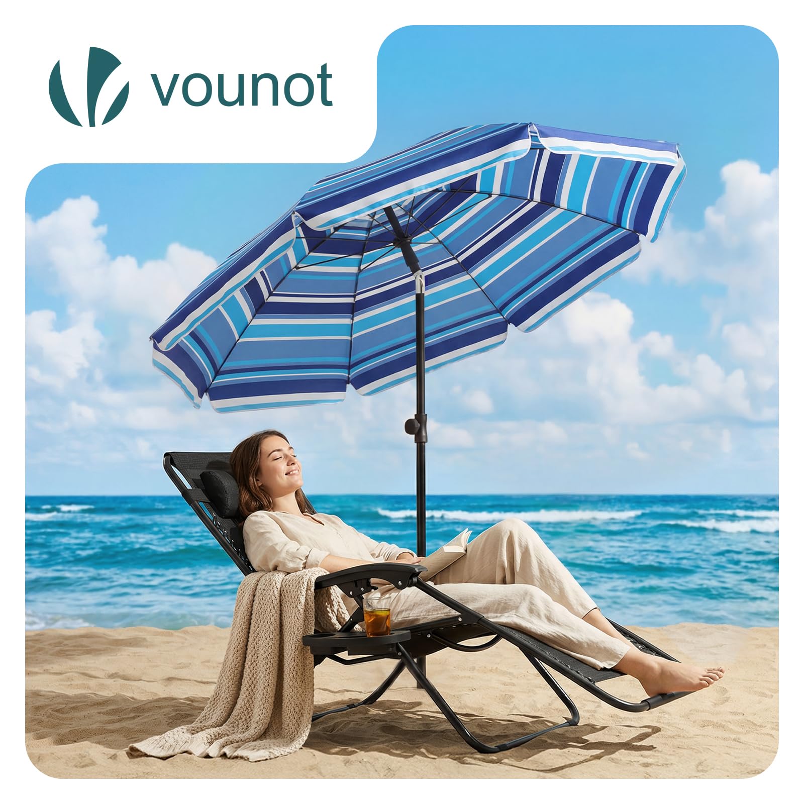 VOUNOT® 2m Tilting Garden Parasol with Ground Anchor, Beach Umbrella with Carry Bag, UV 50+, Adjustable Outdoor Parasol for Patio, Deck & Table, Mixed Blue Stripes — view 2