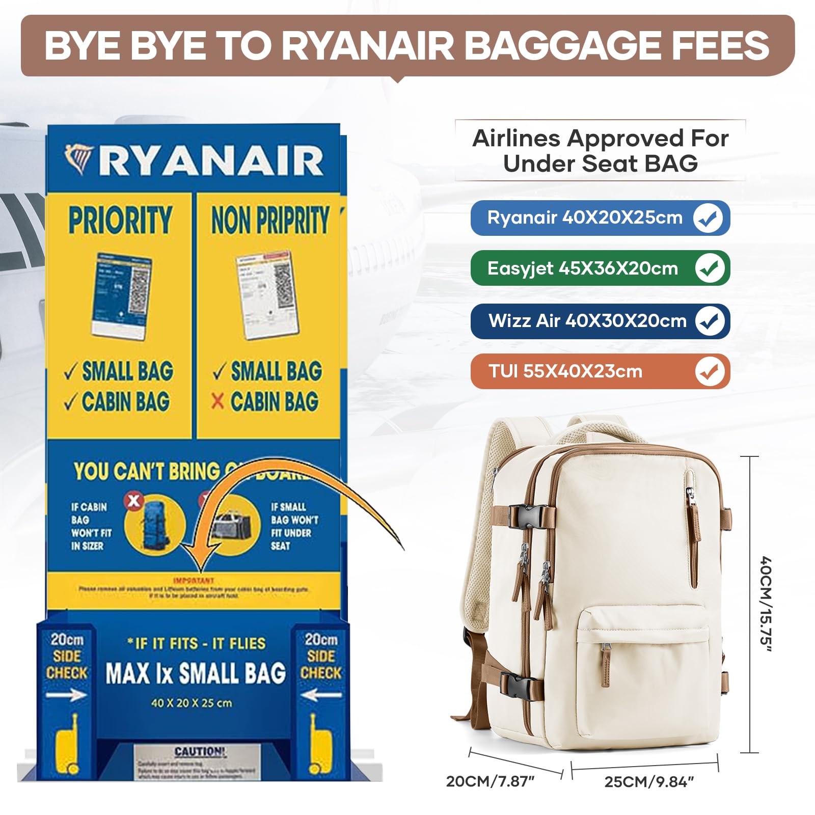 Zaino da Viaggio per Ryanair 40x20x25 Bagaglio a Mano Zaino Borse da Cabina per Ryanair Il Sedile Zaino Aereo Bagaglio a Mano Donna Borsa Cabina Viaggio Zaino Travel Viaggio Casual Daypack