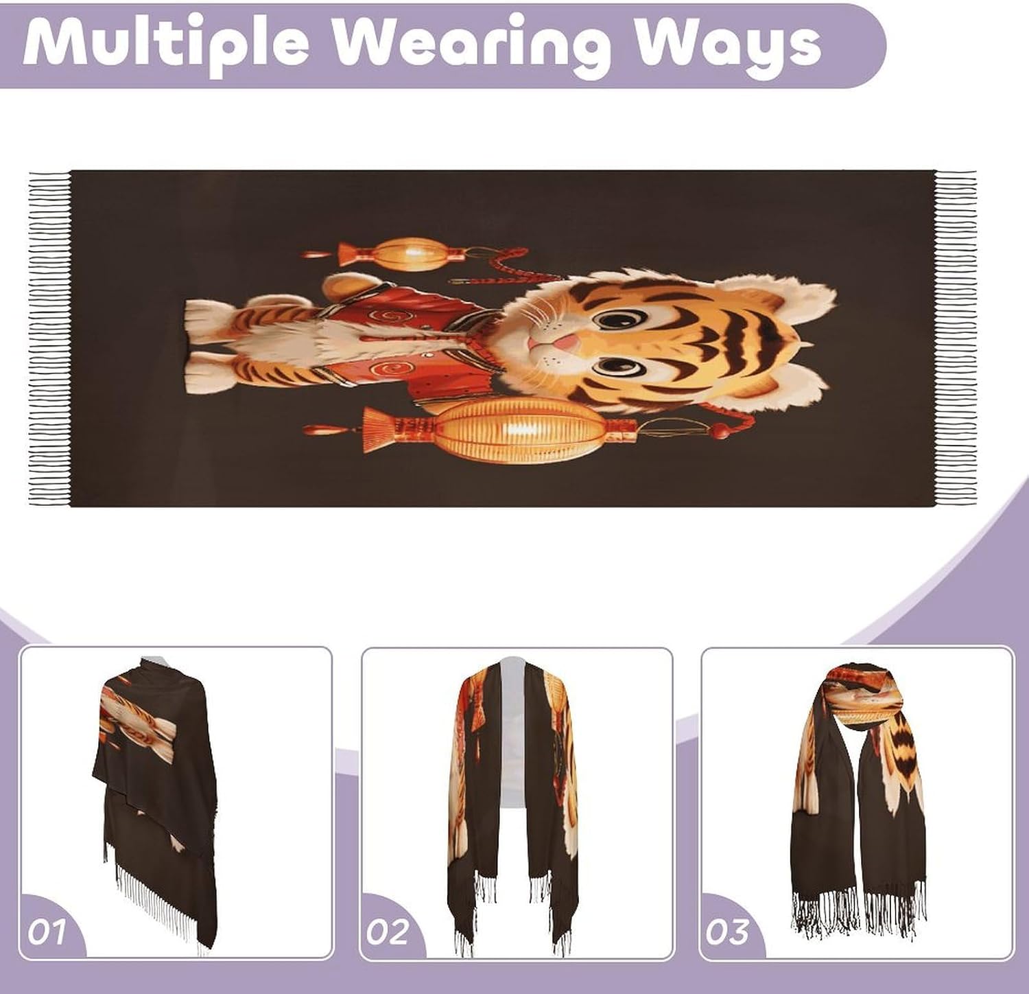 A Tiger Holding A Lantern Scarf for Women Men Soft Warm Fashion Blanket Scarves Classic Cashmere Feel Scarf Long Shawl Large Scarves Cold Weather Thick Blanket Scarfs