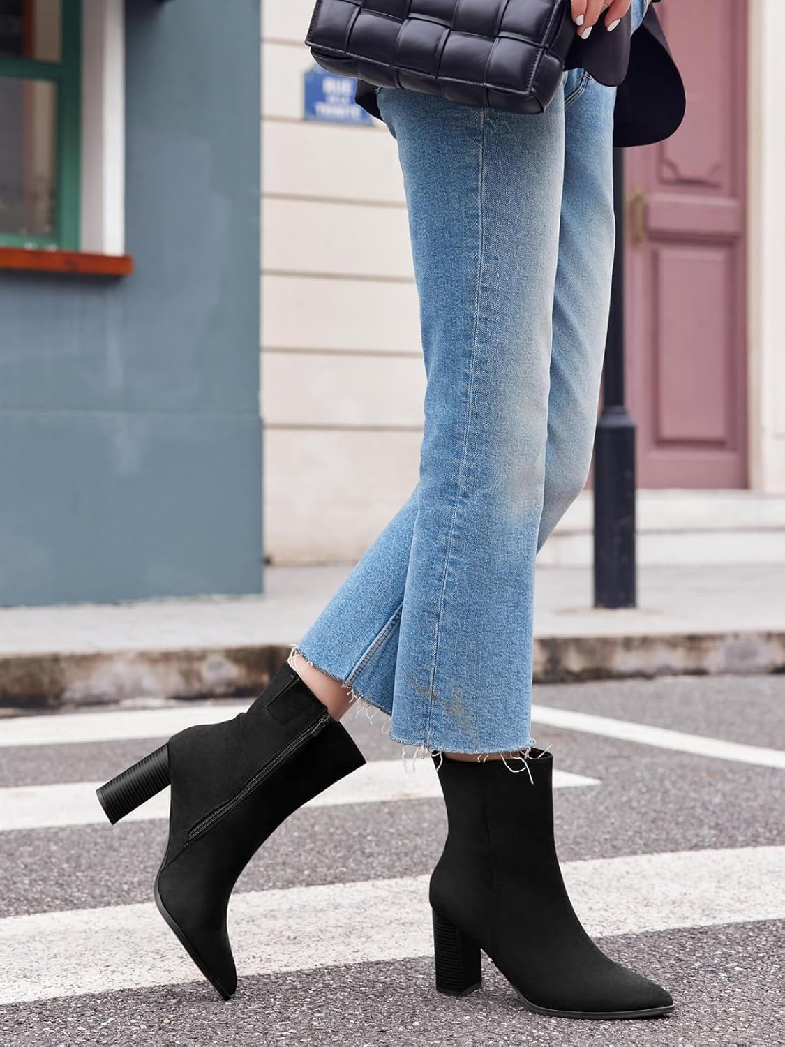 Coutgo Womens Ankle Boots Pointed Toe Chunky Stacked Heel Side Zipper Dress Fall Booties Shoes - Image 3