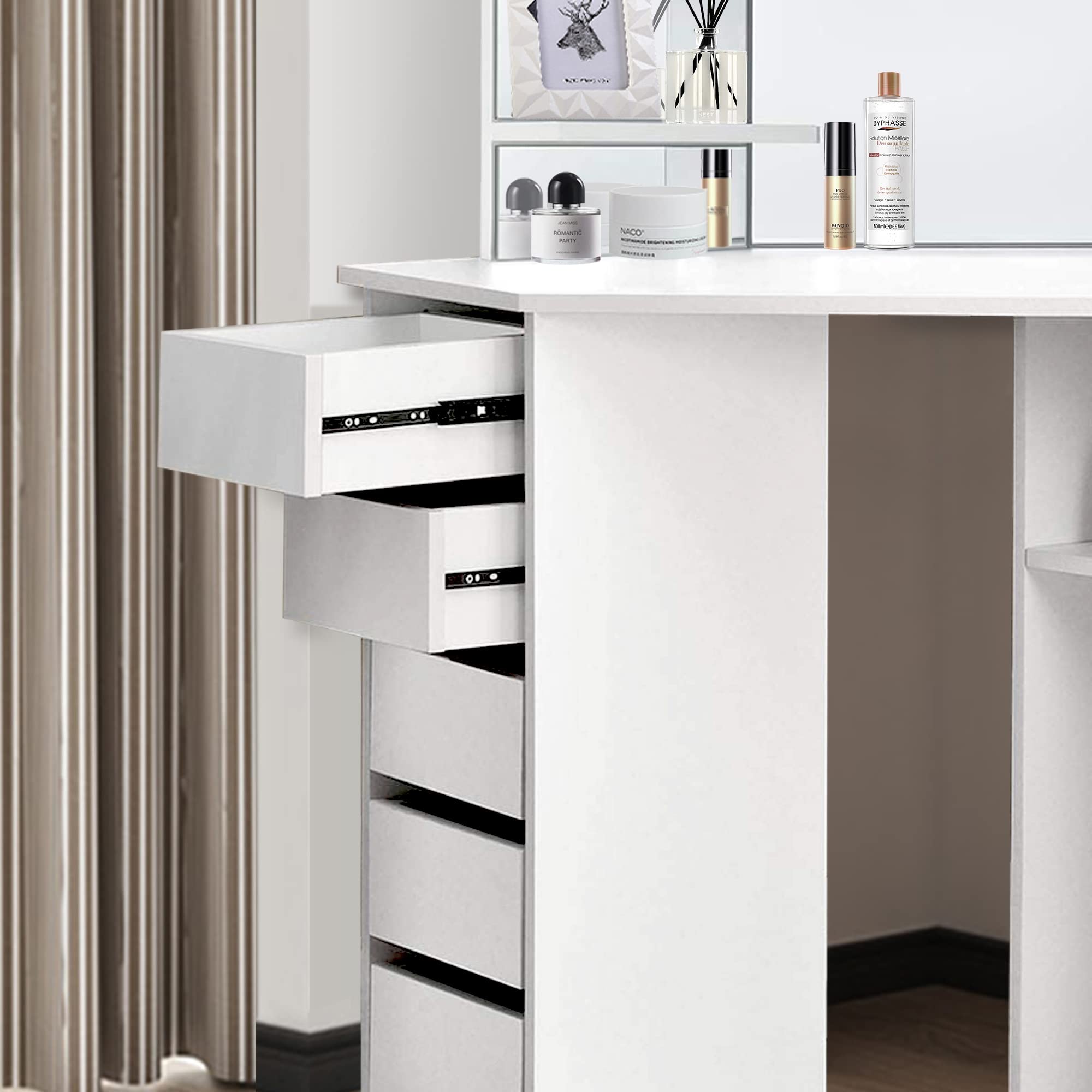 ML-Design Tavolo Cosmetico ad Angolo Bianco da Trucco con 3 Specchi 5 Cassetti e 3 Scomparti 110 x 141,5 x 54 cm Tavolino da Toelette per Donne e Ragazze Spogliatoio in Legno MDF