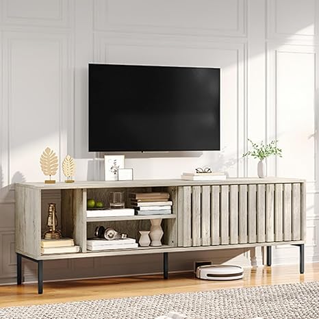 DWVO Modern TV Stands for 65/70 inch TV, Mid Century Entertainment Center, TV Consoles for Living Room, TV Cabinet with Sliding Door & Adjustable Shelf, 64 Inch Light Grey