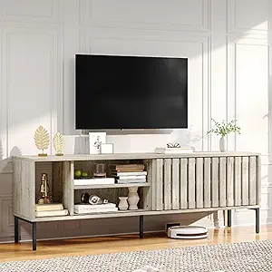 DWVO Modern TV Stands for 65/70 inch TV, Mid Century Entertainment Center, TV Consoles for Living Room, TV Cabinet with Sliding Door & Adjustable Shelf, 64 Inch Light Grey