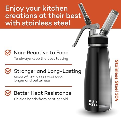 Miniatura 2 de EurKitchen - Dispensador profesional de crema batida de acero inoxidable, recipiente para cremas sin fugas, 3 boquillas de decoración y cepillo de