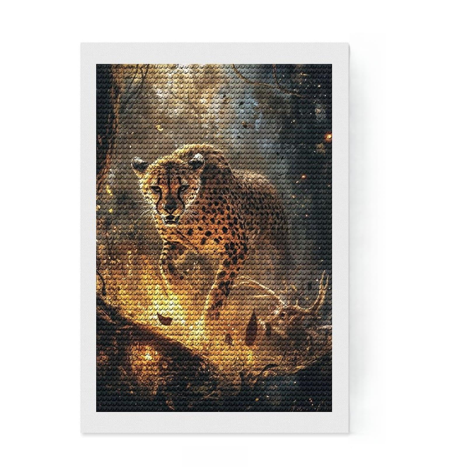 Junmoney Cheetah in Flames Diamond Painting Kit 8"x12", Complete Accessories, Sparkling Round Gems, Full Kit Included, Modern Decor