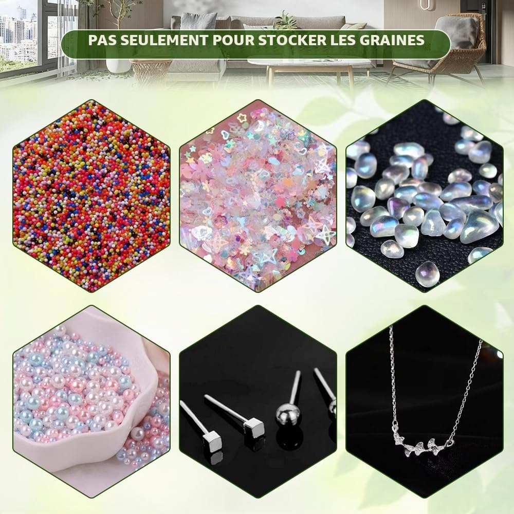 120 Fentes Boite à Graines Boîte de Rangement pour Graines Organisateur de Semences avec des Sachets, des étiquettes, Un Entonnoir et Une Pince à épiler pour Graines de Légumes et de Fleurs