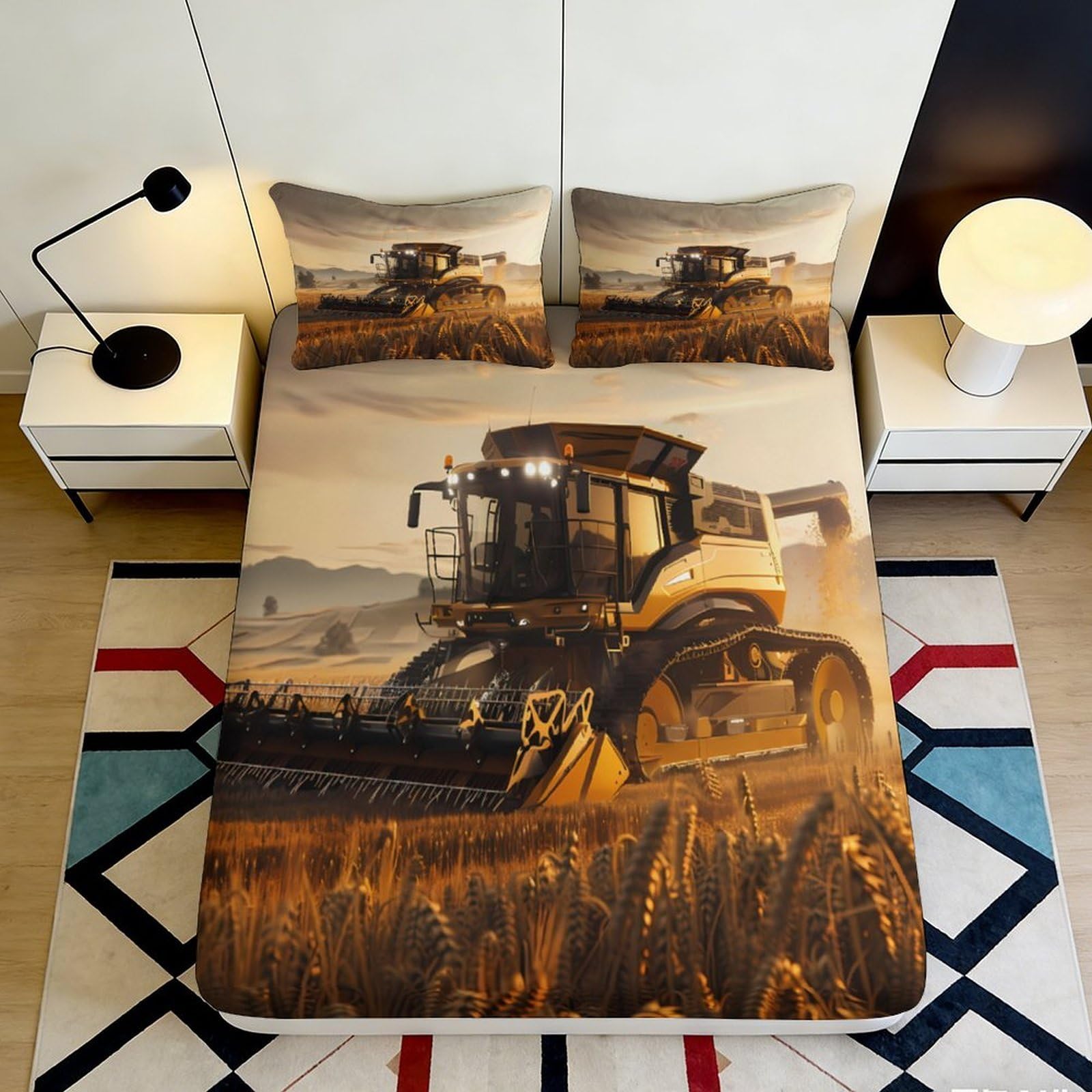 3D Printed Harvester Fitted Sheet Microfiber Deep Pocket for Bedroom Bedding Farm Scene Mattress Fitted Cover Non-Slip Washable 180x200x25cm
