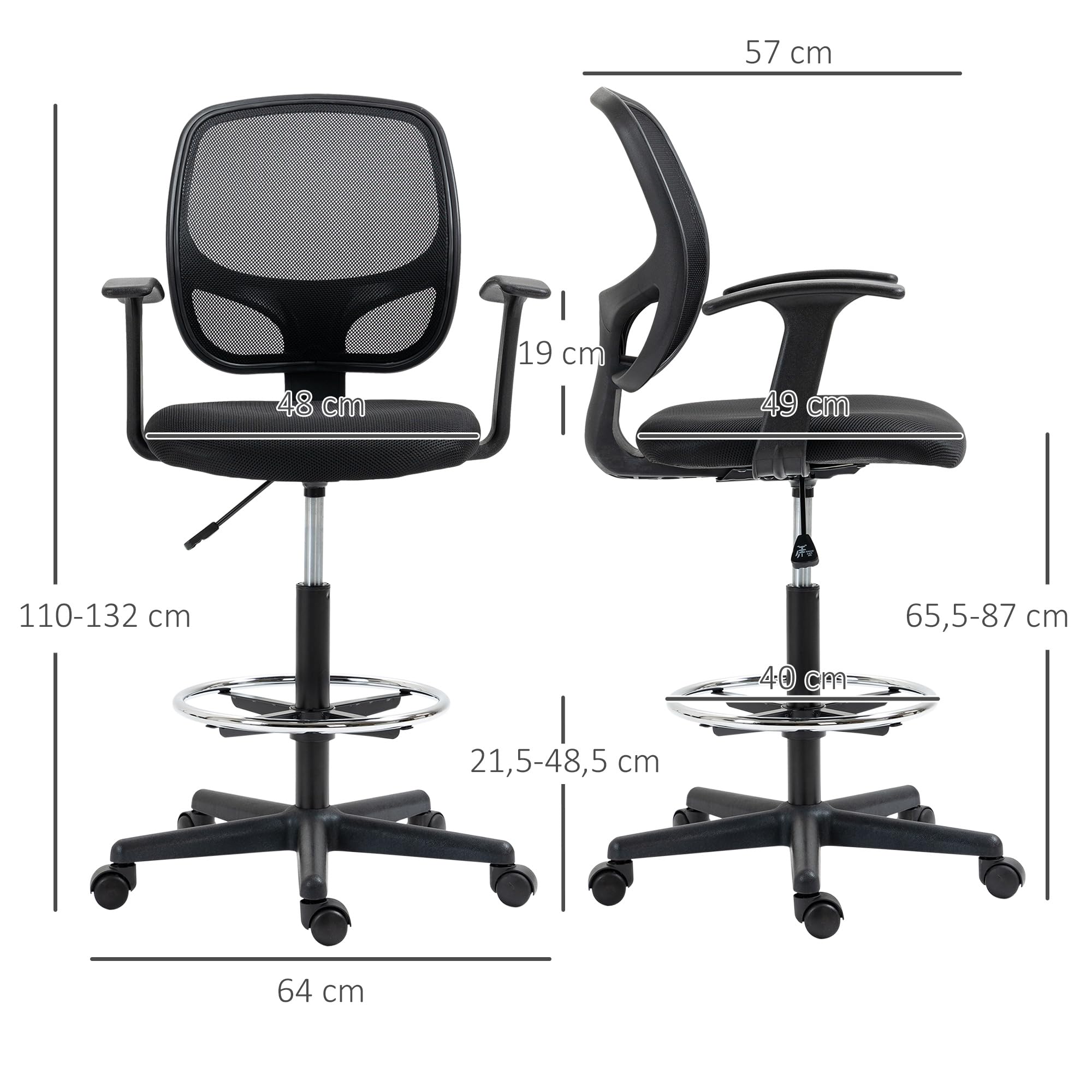 Vinsetto Arbeitsstuhl Mesh Schreibtischstuhl Schwarz 64 x 57 x 110-132 cm | Ergonomischer Bürostuhl, Zeichenstuhl, Verstellbarer Fußring, Höhenverstellbarer Drehstuhl mit Rollen, Arbeitszimmer