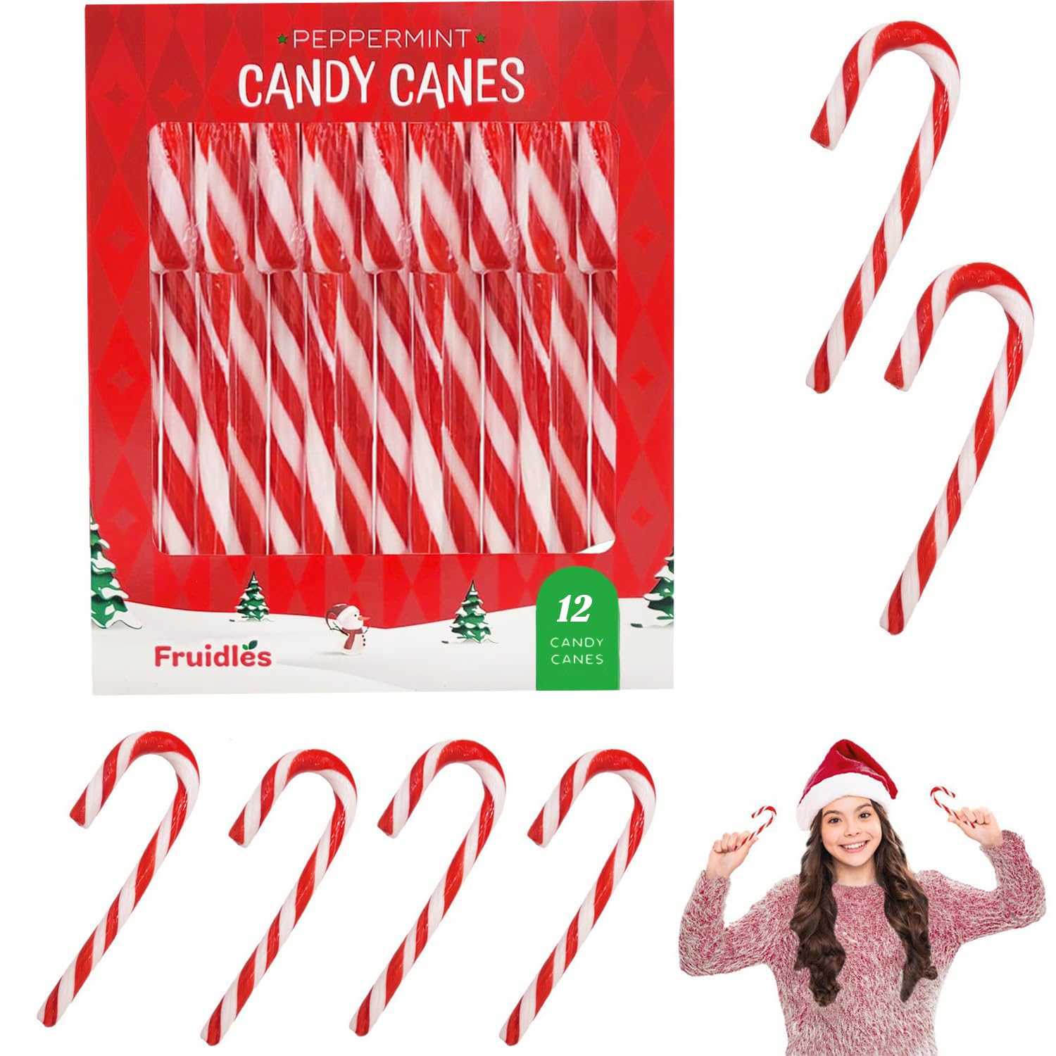 Fruidles 12-Pack Christmas 5 Inch Candy Canes Suckers, Peppermint Flavor, Individually Wrapped (12-Pack)