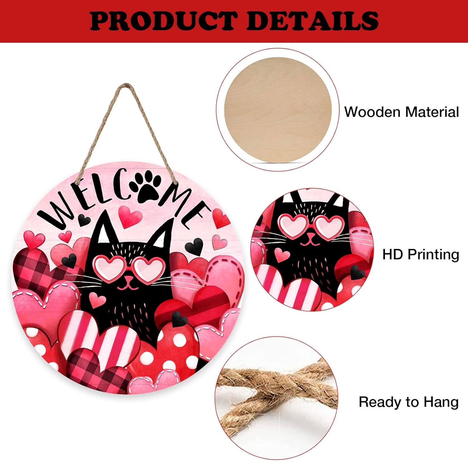 Welcome Valentine's Day Black Cat Front Door Sign, Kitty Pink Red Love Heart Wood Door Hanger Outdoor Outside Porch Decor, Anniversary Wedding Wooden Wreath Indoor Wall Hanging Decoration - Image 3