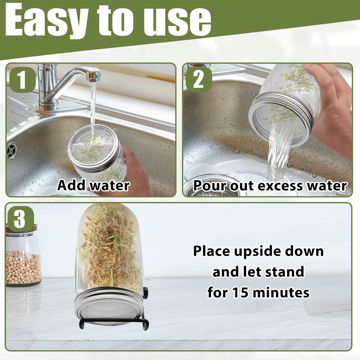10 Pack Stainless Steel Screen Filter Strainer Lid for 86mm Wide Mouth Mason Jar, Sprouting Lids, Mason Jar Sprouting Lids, Regular Mouth Mesh Bean Sprout Sieve Lids for Bean, Alfalfa, Broccoli