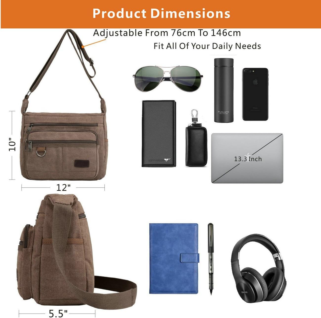 Rfid Crossbody Messenger Bag with Water Bottle Holders, 13 inch Laptop Shoulder Bag, Sling Satchel Purse w/Built-in Wallet - Image 6