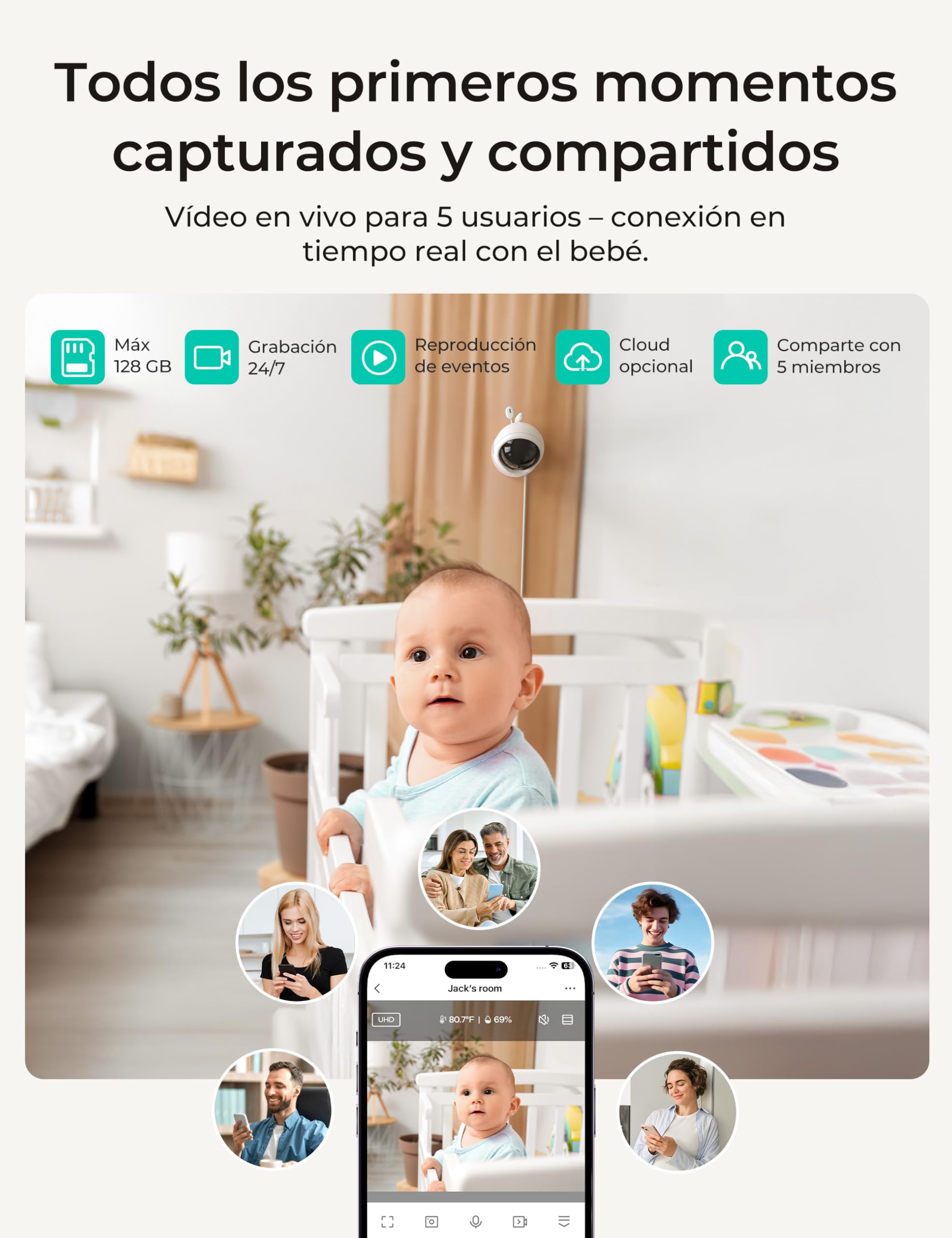 Dr. Care VistaView Lite RB Vigilabebés WiFi con Soporte Clip – Pantalla 4" 720P, Cámara 1080P, Control App, Alertas Movimiento, Batería 2500mAh extraíble, Visión Nocturna HD, Multiusuario