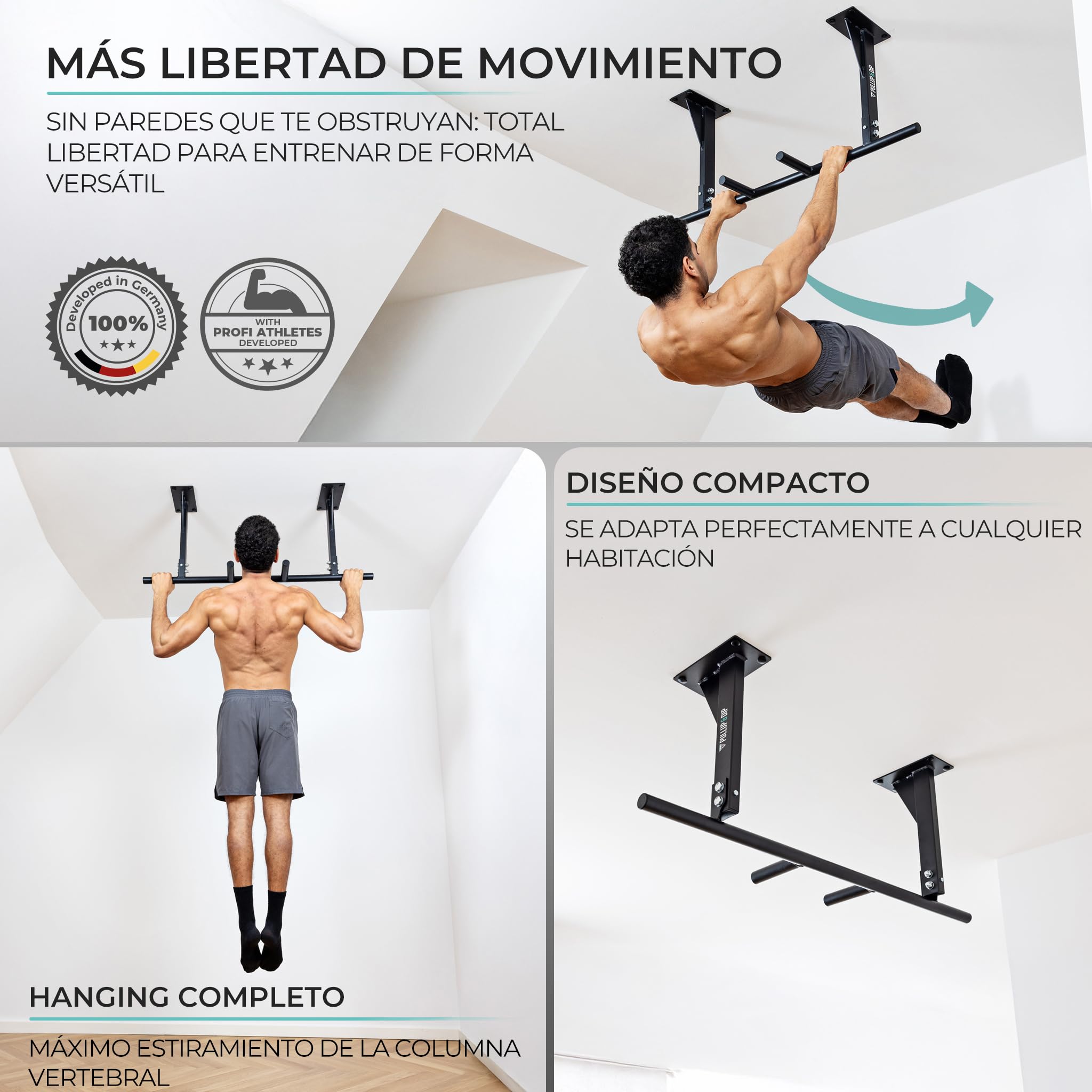PULLUP & DIP Barra Dominadas para Montaje en Techo - Resistente Hasta 180 kg - Antideslizante 5 Posiciones de Agarre para Ejercicio y Dominadas en Casa - Ideal para Accesorios Gimnasio y Casa