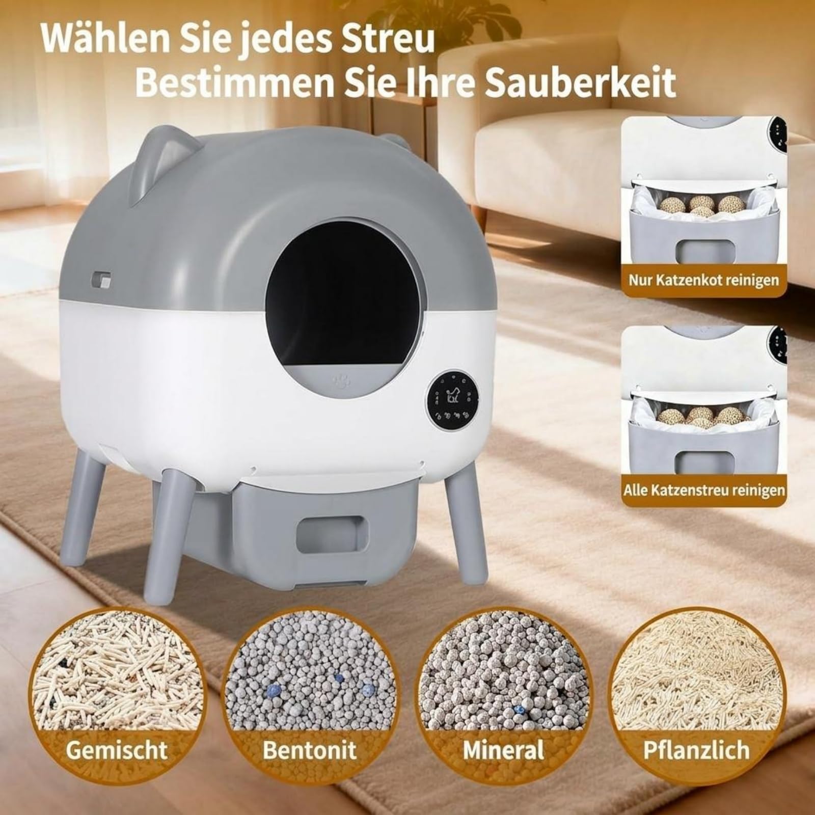 Selbstreinigendes Katzenklo mit App-Steuerung | Automatisches Katzenklo für Mehrfachkatzen, geruchsfrei, leise, großes Fassungsvermögen, mit eingebautem LED-Licht, Sicherheitssensoren