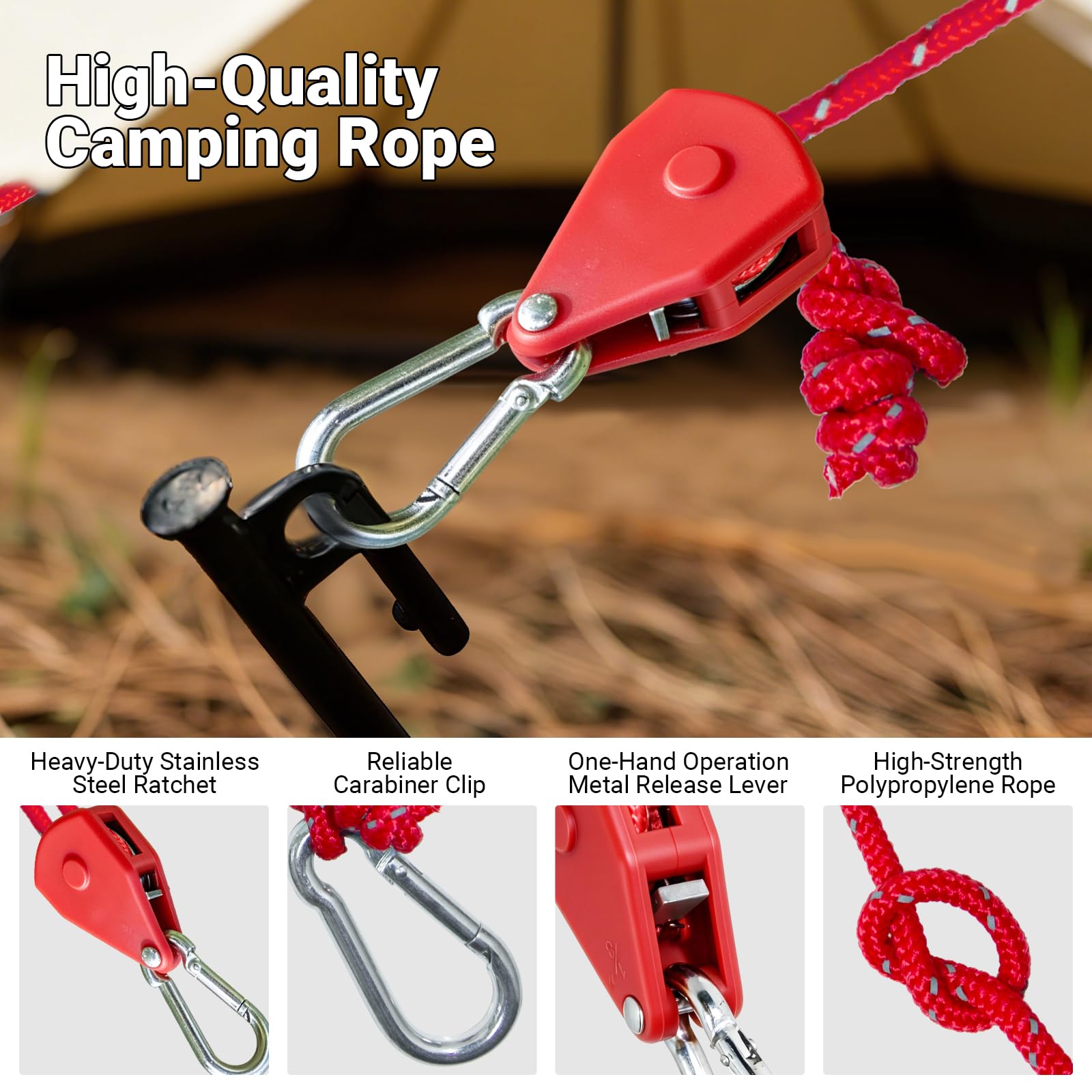 ZZ-TMS Camping-Seil, Abspannleine, Spannseile mit Ratschensystem, Rot, 4 mm x 4 m, 6 Stück