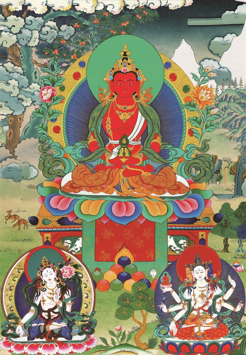 Gandhanra Tibetische Thangka-Kunst–Amitayus Thangka–Hochauflösender Digital-Giclée-Druck und doppelt handgerahmt - Buddhistische Wandbehang-Tapisserie - 47" x 32"