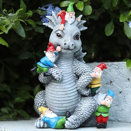 Estatuas de gnomo de dragón para decoración al aire libre, juego de dinosaurios de 13 pulgadas con gnomos, estatua de jardín para decoración de