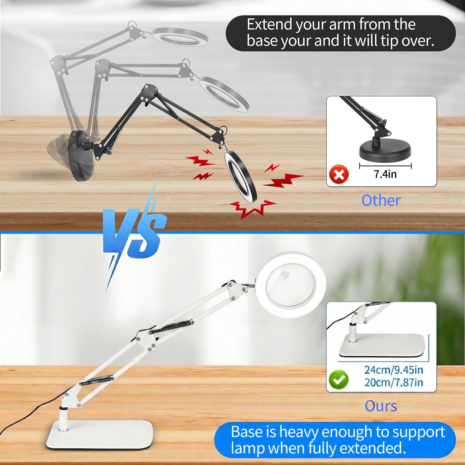 Loupe 15x 10x avec lumière et support, lampe de bureau grossissante 2 en 1 avec pince et base, 3 modes de couleur à intensité variable avec bras oscillant, lumière loupe lumineuse LED pour lecture