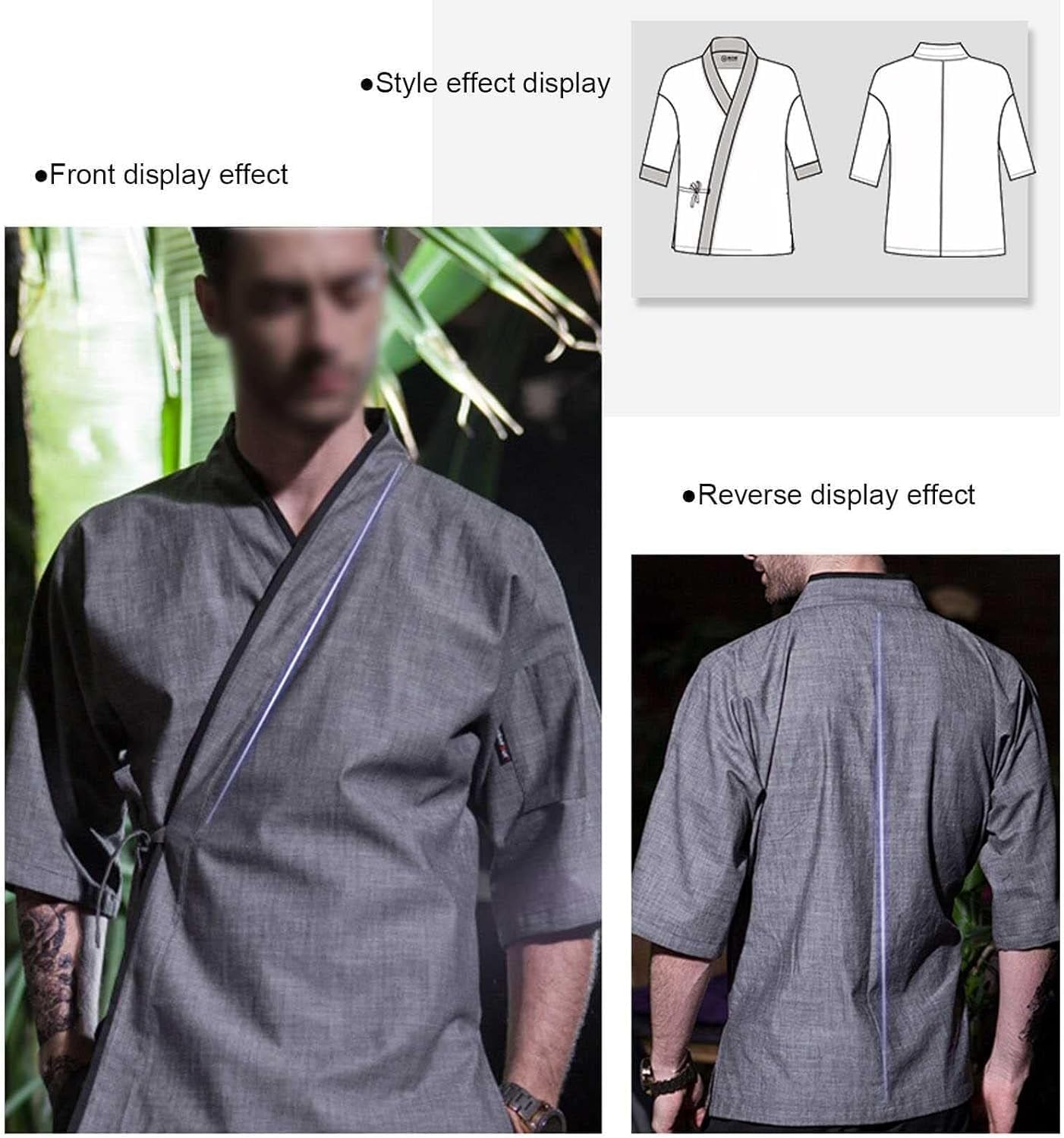 Professional Chef Jacket, Restaurant Hotel Kitchen Stripe Shirt, 3/4 Sleeve Sushi Work Wear Coat