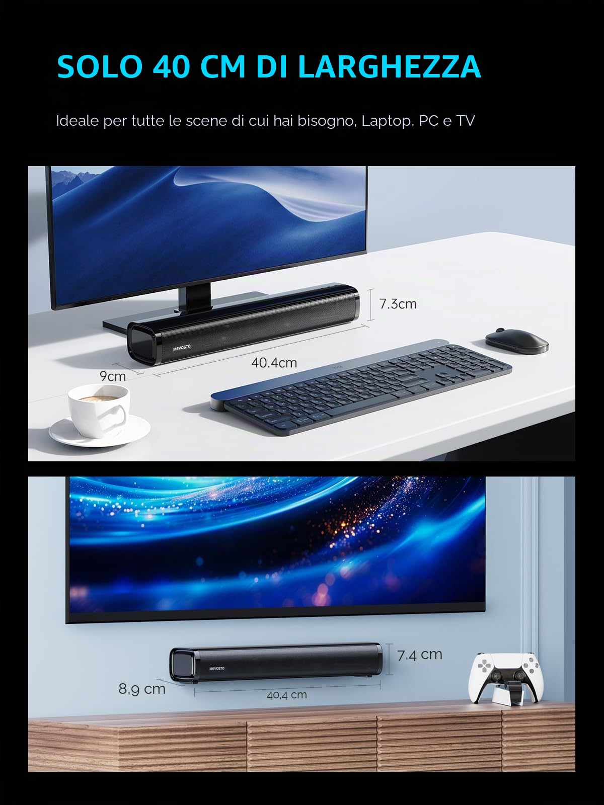 Soundbar TV con Subwoofer Integrato, 2.1ch Soundbar PC Mini, 60W Casse TV Sound Bar Compatta, Home Theater con USB Digital Audio/BT5.4/Ottico/AUX, Voice Enhance 3 EQ, Montaggio a Parete