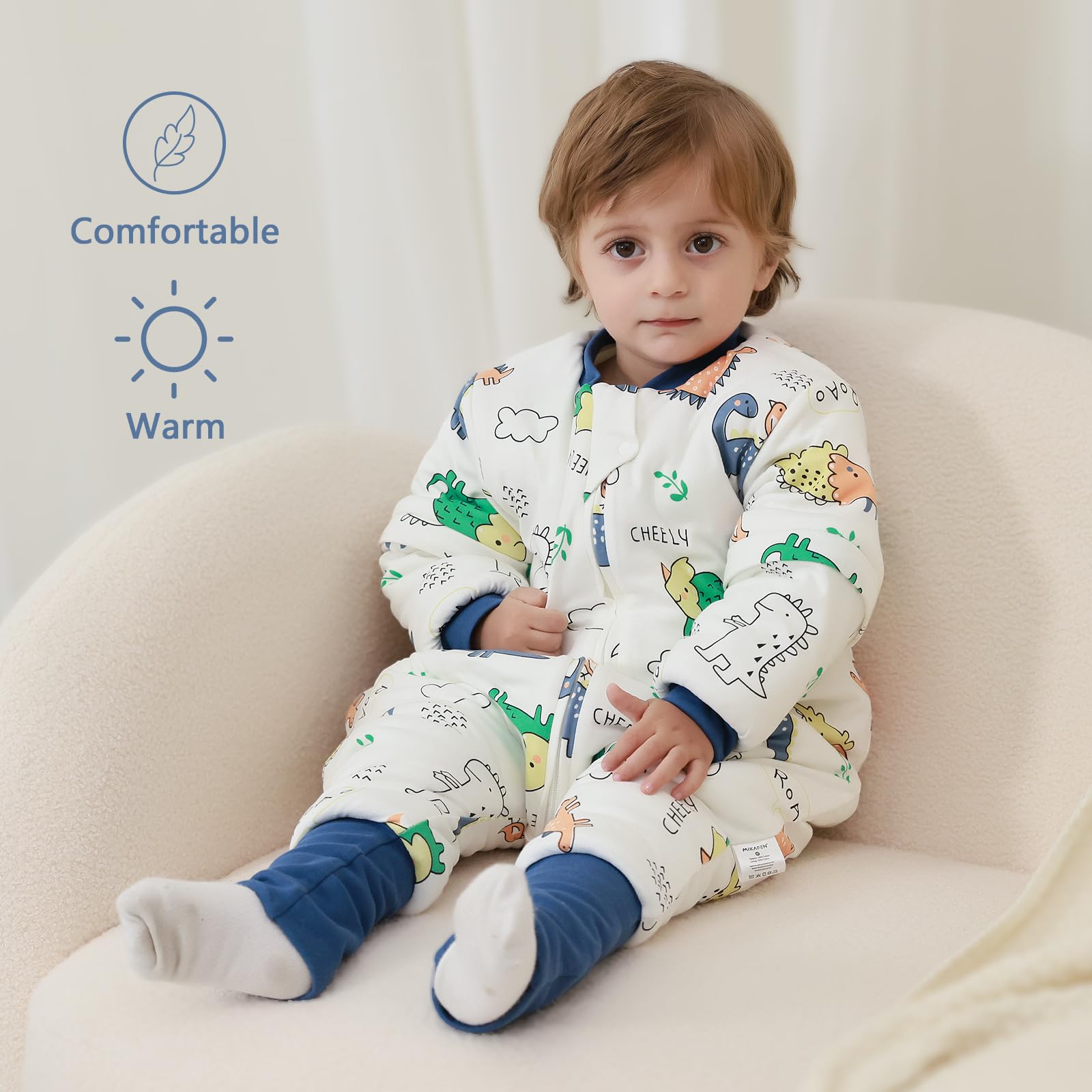 MIKAFEN Sacco nanna a maniche lunghe con piedi 3,5 tog invernale, per bambini - sacco nanna invernale con gambe - 100% cotone, Dinosauri verdi (18-36 mesi)