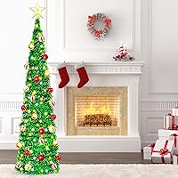 Vista 2 de Árbol de Navidad artificial con 100 luces de color, árbol de Navidad plegable de oropel de 5 pies con bolas de Navidad, decoraciones de Navidad