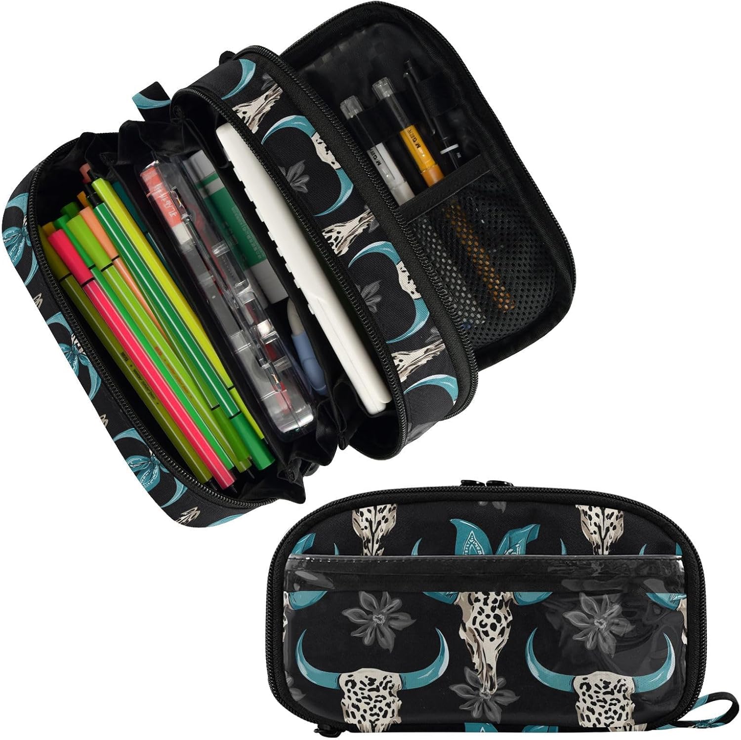 ALAZA Cow Skull Leopard Bow Large Capacity Pencil Case, Aesthetic Stationery Organizer Bag with Clear PVC Window, High Capacity Pen Pouch with Dividers for School Office Travel image 2