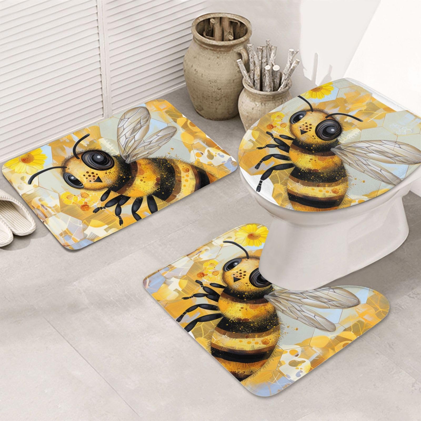Tapis de bain antidérapant en flanelle contre les sols mouillés - Set de 3 pièces abeille