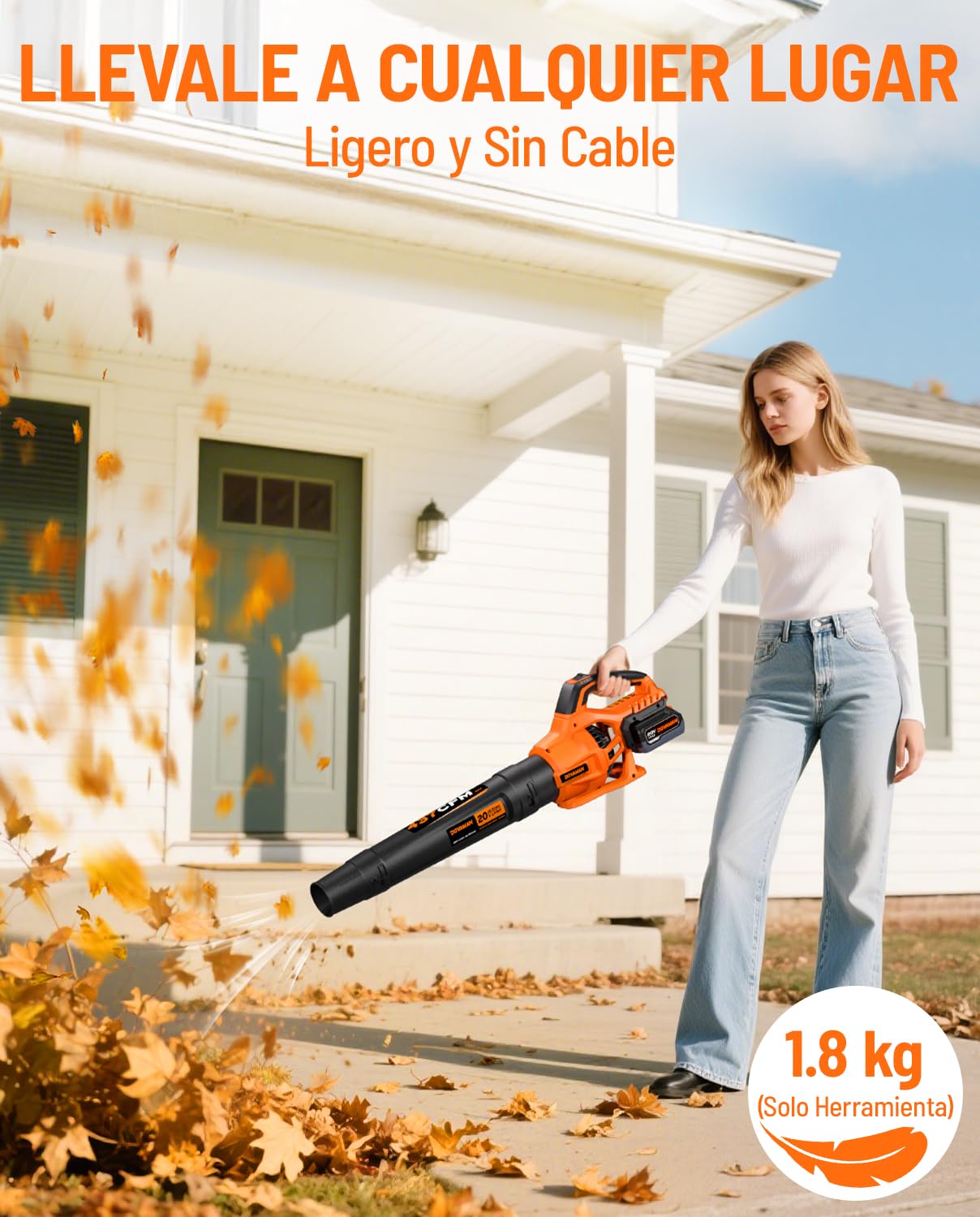 DOVAMAN Soplador de Hojas Inalámbrico 20V, Flujo de Aire Potente 744 m³/h, Batería 4.0Ah con Cargador Rápido, 2 Velocidades, Ligero y Portátil, Soplador para Jardín, Césped, Terraza y Garaje